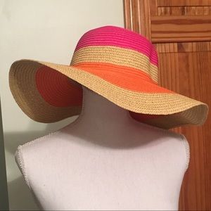 Bright pink & orange straw hat with gold flecks
